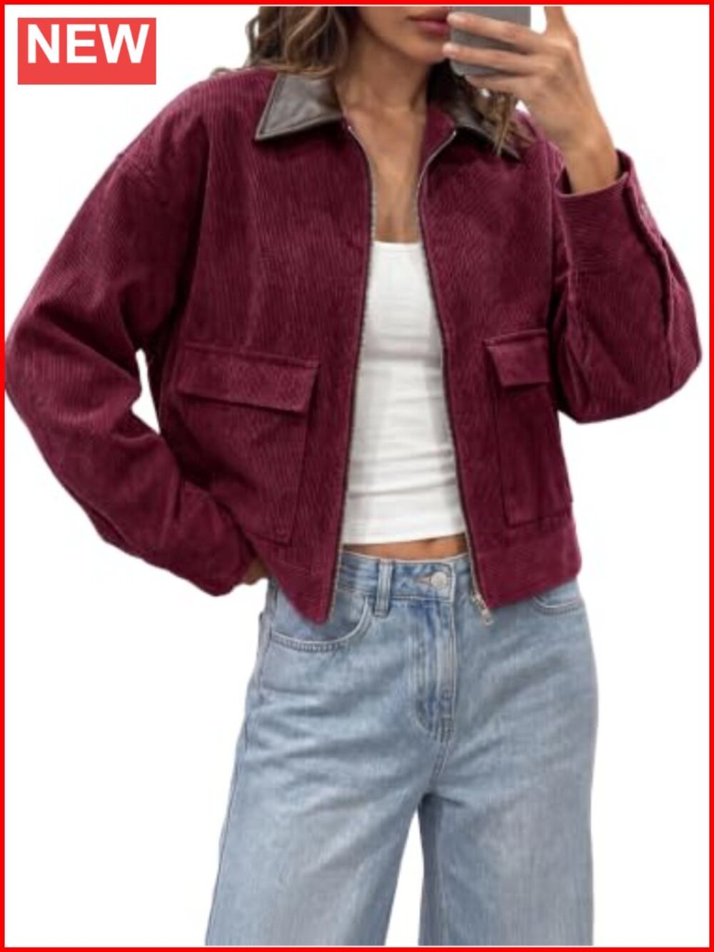 Cropped Corduroy Oversized Zip Up Barn Bomber Jacket for Women